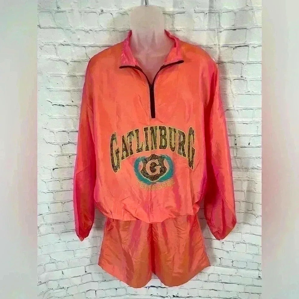 VTG 90s GATLINBURG Iridescent Orange Pink Windbreaker Short Set Surf‎ adult L